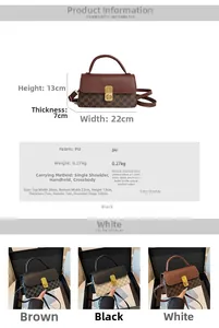 Detailed size chart and multi-color view of colorblock PU leather crossbody bag