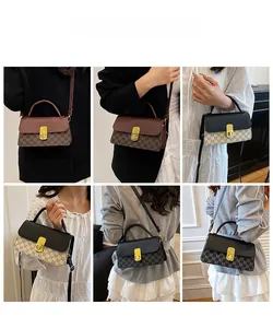 Detailed views of crossbody bags with M-pattern print and gold clasp shown on models