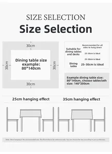 Size guide for bohemian tablecloth showing 25-30cm drop length for dining tables