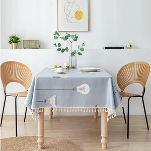 Nordic light blue PVC tablecloth with bulb pattern and white fringe tassel edges