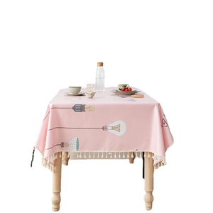 Modern pink PVC tablecloth with light bulb print and elegant white fringe tassels