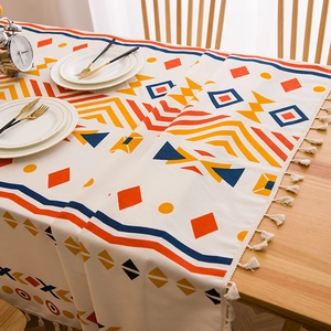 Bohemian Cotton Linen Tablecloth Geometric Pattern Tassel Edge Rectangular Table Cover For Dining Room Home Decor