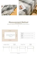 Size guide for Nordic waterproof tablecloth showing drop length and measurement tips
