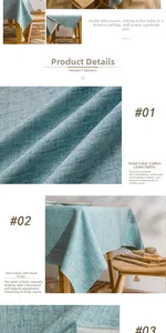 Detail of teal cotton linen tablecloth with slub texture and white tassel fringe