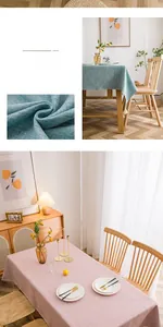 Close-up of premium cotton linen tablecloth featuring white tassel edges and woven texture