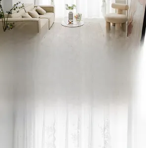 Detail of wavy lace edge and premium linen texture on cream white sheer curtains