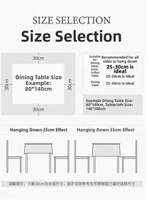 Sizing guide showing ideal 25-30cm drop for French lace rectangular tablecloths