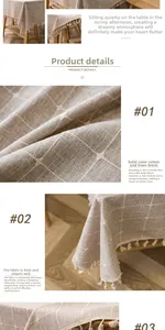 Close-up of beige linen tablecloth with lattice texture and fringe tassel detailing