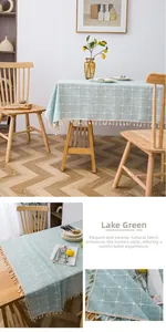 Detailed view of lake green plaid tablecloth featuring white tassel edges and premium fabric