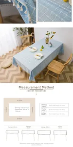 Detail of blue plaid linen tablecloth with white tassels and measurement guide