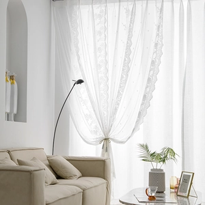 French Style White Lace Sheer Door Curtain Elegant Floral Embroidery Scalloped Edge Light Filtering Window Screen For Bedroom Decor