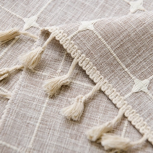 Nordic waterproof beige cotton linen tablecloth with white grid stars and tassels