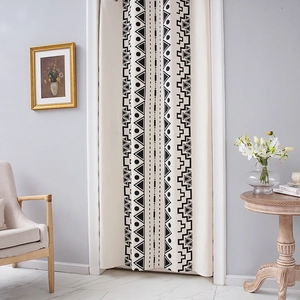 Bohemian geometric pattern door curtain in cream fabric with metal rings for bedroom privacy