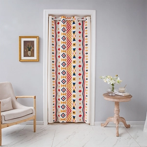 Detail of bohemian geometric curtain with cotton linen texture and metal grommets