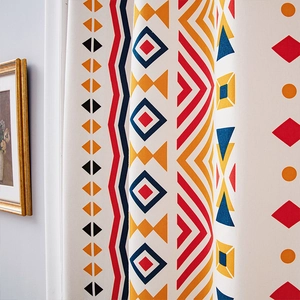 Detailed view of bohemian geometric fabric texture with warm ethnic patterns on cotton linen