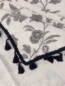 Floral print cotton linen curtain with black tassels and botanical line art patterns