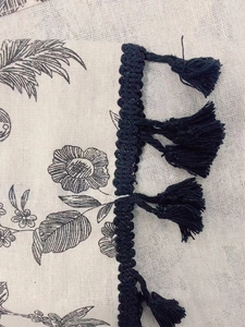 Cotton linen curtain with vintage floral print and black tassel trim decoration