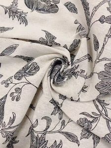 Floral print cotton linen curtain featuring vintage black botanical patterns on beige fabric
