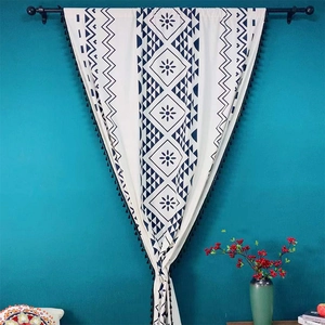 Bohemian Cotton Linen Curtains Geometric Print Tassel Window Panels Heat Insulation Ethnic Style For Living Room Bedroom