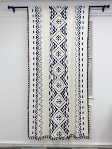 Bohemian cotton linen curtain with navy geometric prints and black tassel fringe