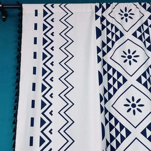 Bohemian cotton linen curtain with blue geometric prints and black tassel edges