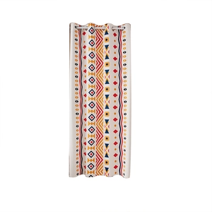 Bohemian geometric pattern blackout curtain with silver metal grommets on white background