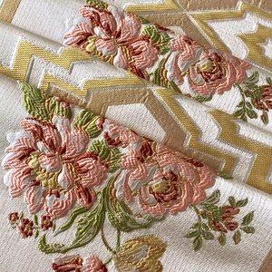 Luxurious floral embroidered chenille table runner with gold geometric borders