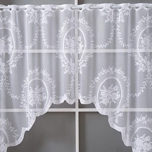 White floral lace cafe curtain with wavy hem for kitchen cabinets and small windows