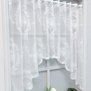 White lace cafe curtain with floral embroidery and wave hem for kitchen window decor