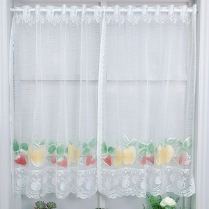 White Lace Cafe Curtain Fruit Print Strawberry Lemon Pattern Scalloped Edge Half Window Drapes For Kitchen Cabinet Decor