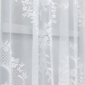 Elegant white floral lace sheer curtain with delicate mesh texture for home decoration