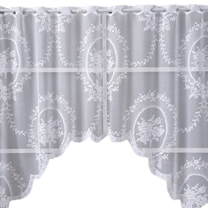 White lace sheer curtain with floral embroidery and scalloped edge for windows
