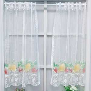 White lace cafe curtain with colorful fruit patterns for kitchen and cabinet windows