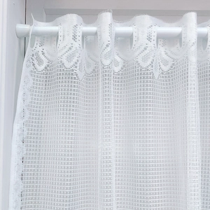 White lace cafe curtain with floral scalloped edge and mesh texture for small windows
