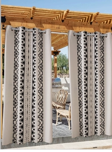 Outdoor bohemian waterproof curtains with black geometric print and metal eyelets