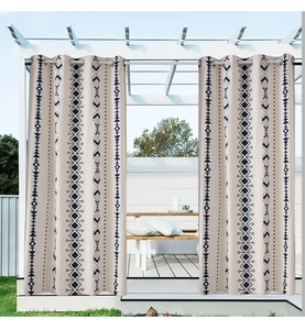 Detail of waterproof outdoor curtains with navy geometric prints and silver metal grommets