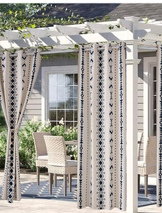 Detail of bohemian geometric print on waterproof blackout outdoor gazebo curtain fabric