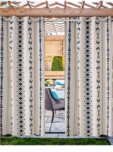 Outdoor waterproof curtain with black bohemian geometric prints and metal grommets