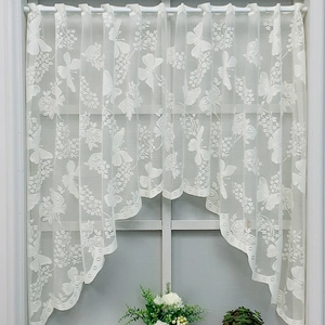 White Lace Door Curtain Butterfly Floral Embroidery Semi Transparent Kitchen Partition Cafe Half Curtain Rod Pocket
