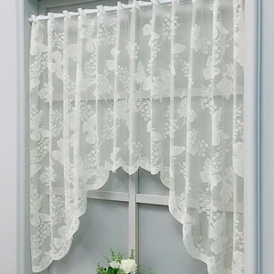 White lace cafe curtain with butterfly floral patterns and elegant scalloped edges