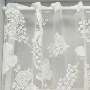 White lace cafe curtain with rose floral and butterfly patterns for kitchen decor