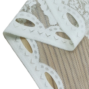 Nordic white lace kitchen curtain featuring intricate mesh weave and scalloped edges