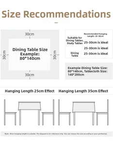 Size guide for Nordic tablecloth showing recommended 25-30cm drop length and dimensions