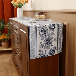 Chinese style table runner with blue rose embroidery on white fabric for home decor