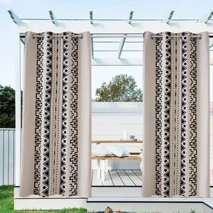 Bohemian geometric blackout curtains with silver metal grommets for outdoor pergola