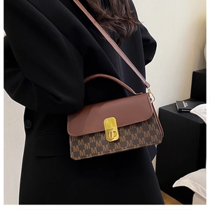 Detail of vintage brown letter-printed crossbody bag with elegant gold metal lock