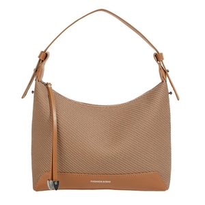 Brown woven underarm bag with leather trim and fringe detail on white background