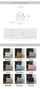 Size chart and color options for the quilted PU leather handbag with chain strap details