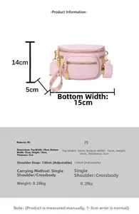 Dimensioni della borsa pettorale in pelle PU rosa con tracolla regolabile e cerniere