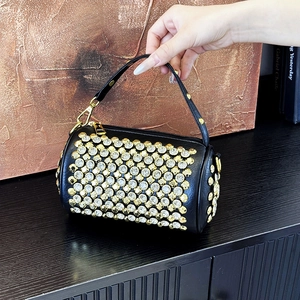 Women Rhinestone Cylinder Crossbody Bag Luxury PU Leather Mini Barrel Handbag With Chain Shoulder Strap Bling Party Purse